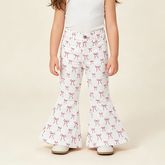 RTS NO MOQ milk silk P1042 Baby Girls Cute Pink Bows Denim Pocket Bell Bottom Pants（3T-14-16T）