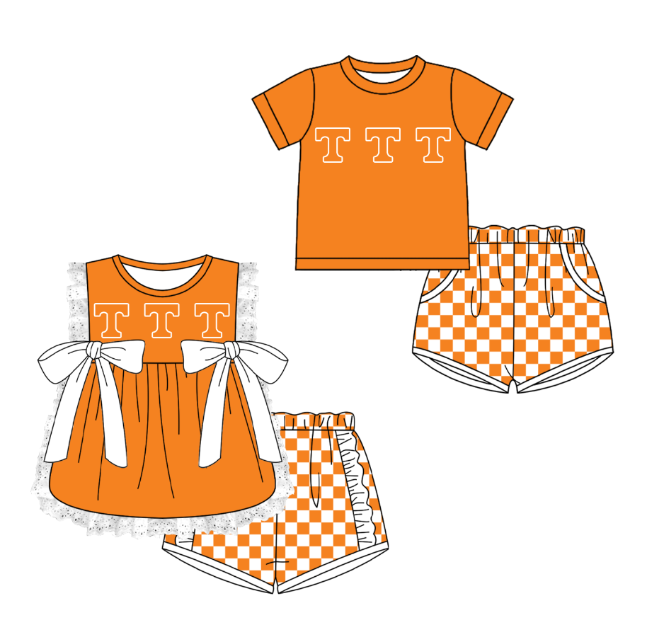 Custom moq 5 mix size milk silk summer teams Orange Girl Sleeveless Top And Plaid Shorts Set with Bow Boy Short Sleeved Top And Plaid Shorts Set
