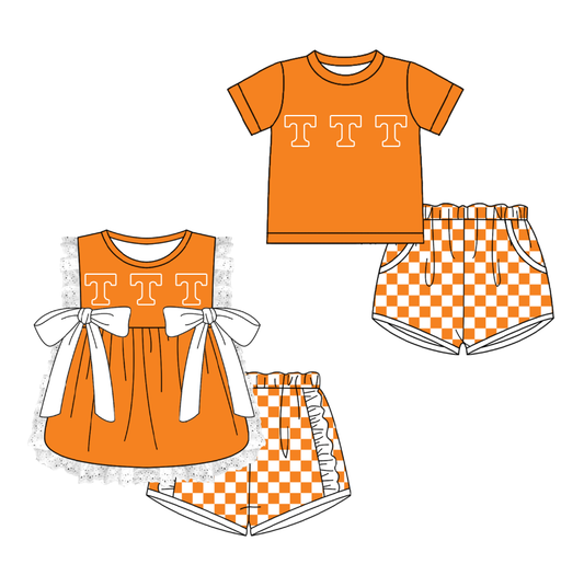 Custom moq 5 mix size milk silk summer teams Orange Girl Sleeveless Top And Plaid Shorts Set with Bow Boy Short Sleeved Top And Plaid Shorts Set