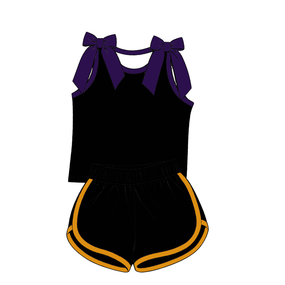 custom moq 5 mix size Baby Girls Purple Bow Sleeveless Yellow Top Shorts Summer Casual Clothes Set