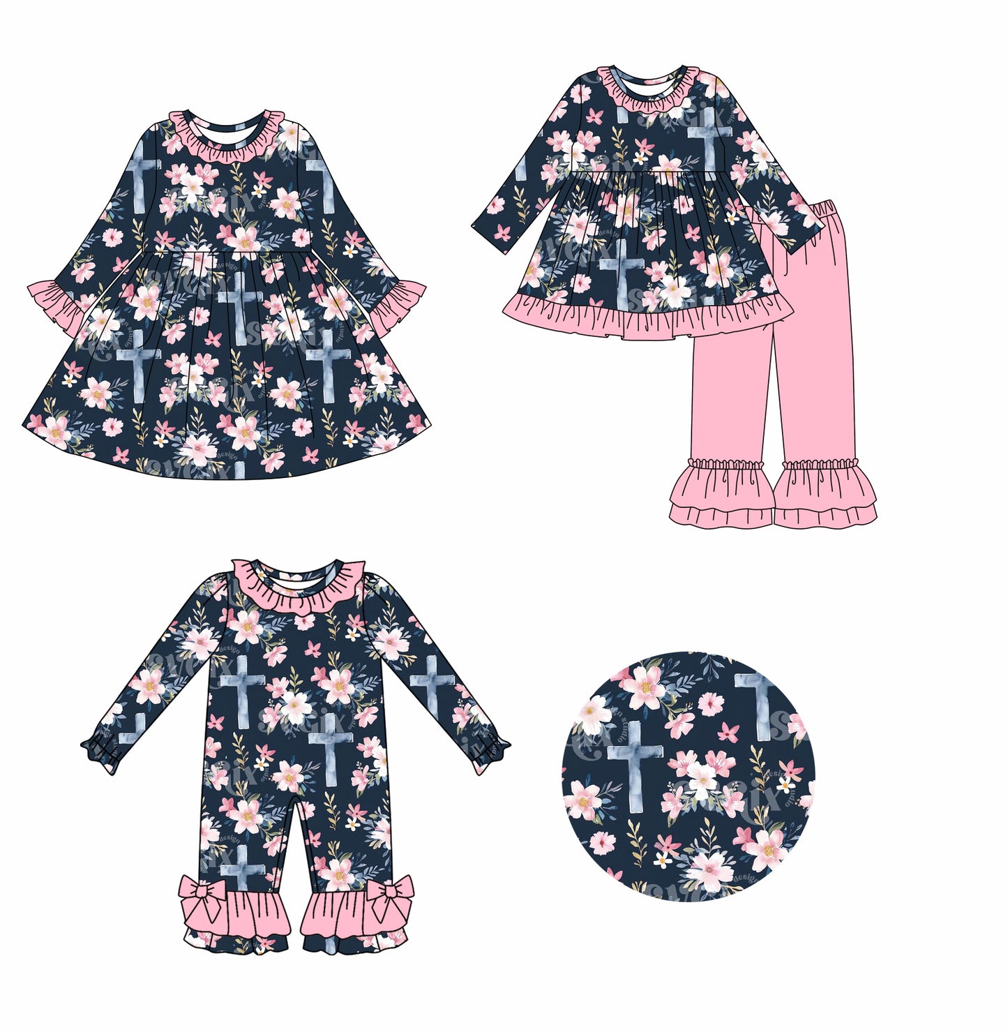 25.9.4 custom each style moq 5eta 4-6week Sibling Sisters floral baby girl long sleeve pants sets and dress and rompers match family design