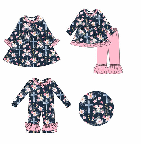 25.9.4 custom each style moq 5eta 4-6week Sibling Sisters floral baby girl long sleeve pants sets and dress and rompers match family design