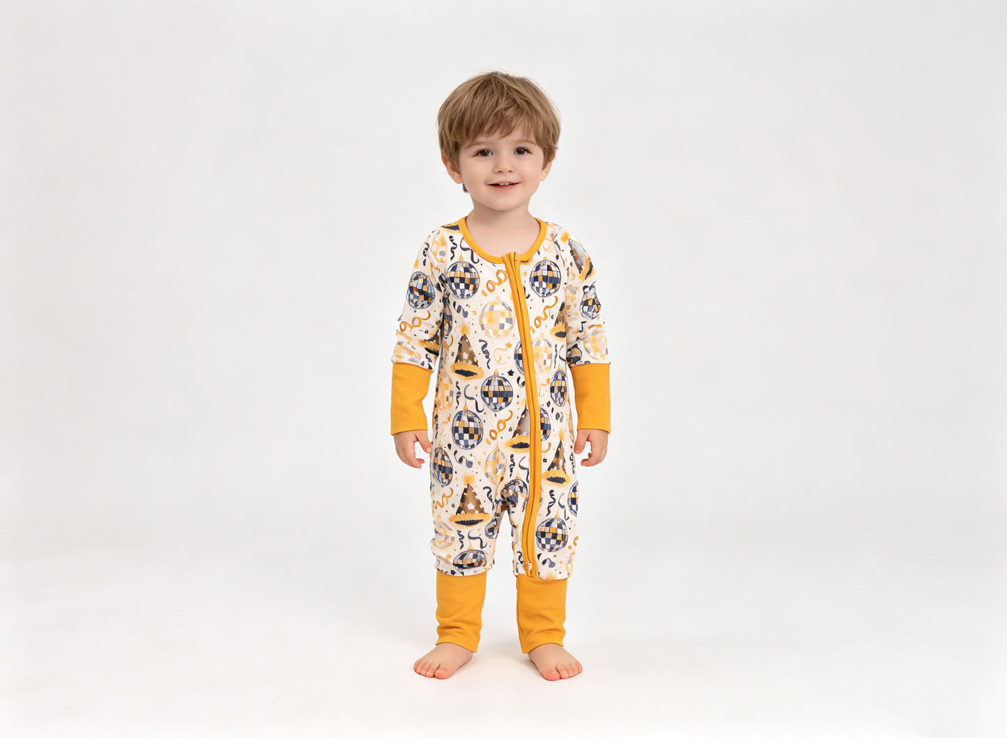 (Sample) No moq milk silk LR3212 Baby Boys Stars Lights Happy New Year Two Way Zip Convertible Holiday Rompers