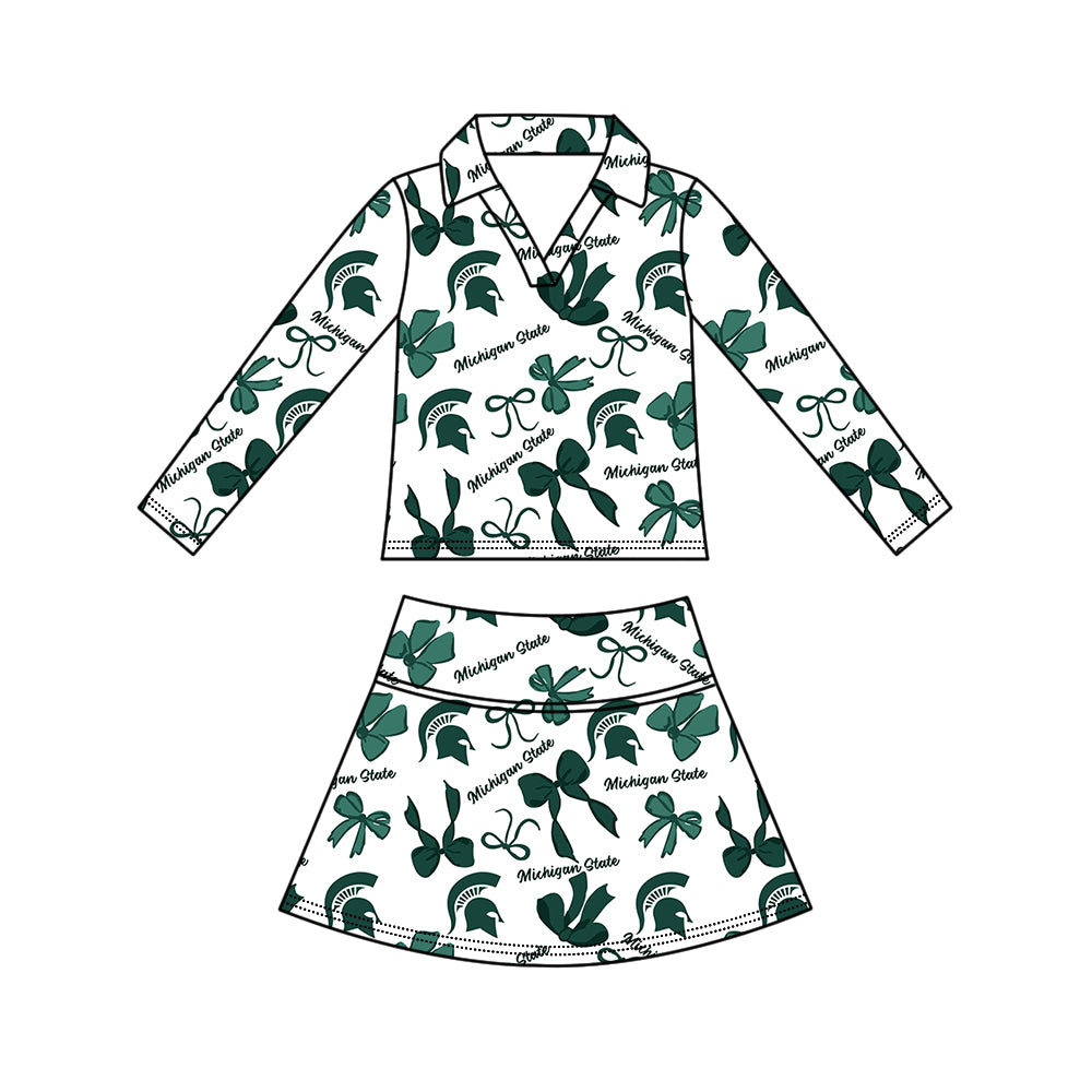 Custom moq 5 mix size summer teams Girls Green Polka Dot Top Shorts Set Bows Print Top Skirt Set Zipper Pullover Pants Set