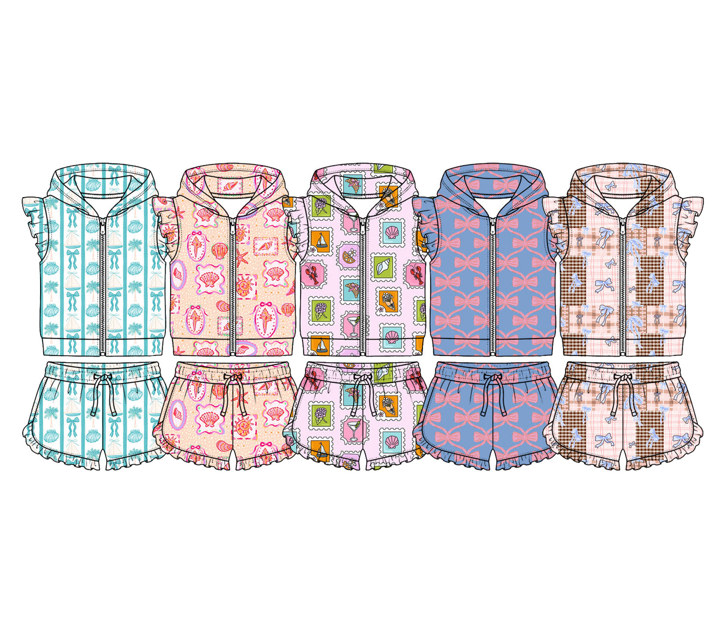 4.11 Custom moq 5 mix size Sibling Baby Girl Bows  Zipper Hoodie Jacket Ruffle Shorts Clothes Set