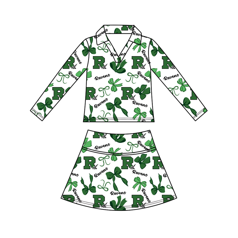 Custom moq 5 mix size summer teams Girls Green Polka Dot Top Shorts Set Top Skirt Short Set Zipper Pullover Pants Set