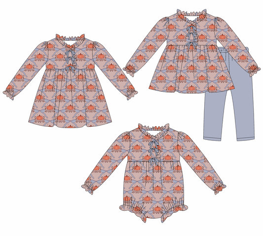 25.7.23 custom each style moq 5eta 4-6week Sibling Sisters pumpkin bow baby girl long sleeve pants sets and dress and rompers match family design