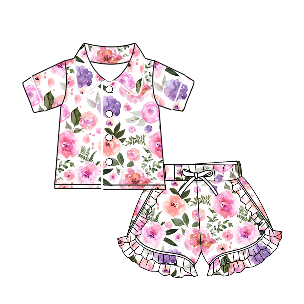 10.24 custom each style moq 5eta 4-6week baby kids clothes flower pink short sleeve shorts pajamas sets