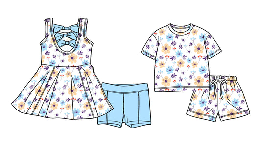Custom moq 5 mix size Sibling Baby Girl Blue Sleeveless Yoga Dress And Shorts Outfit Short Sleeved Top And Shorts Set