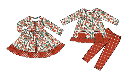 25.8.21 custom each style moq 5eta 4-6week Sibling Sisters floral bow baby girl long sleeve pants sets and dress match family design