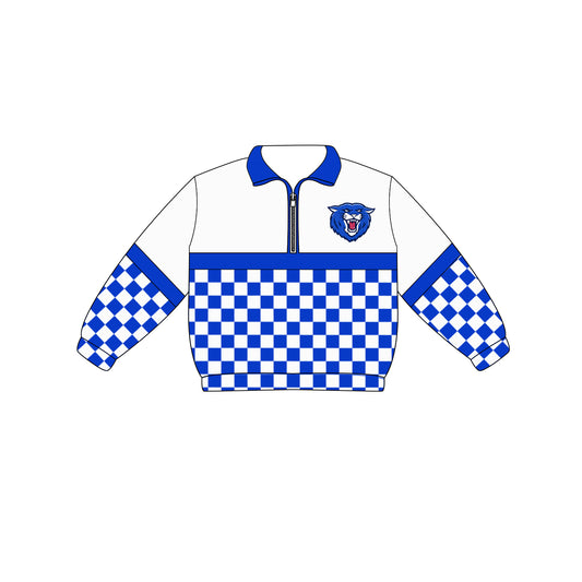 Custom moq 5 mix size milk silk summer teams Adult And Kids Long Sleeve Blue Checked Tee Shirts Zip Pullovers Tops