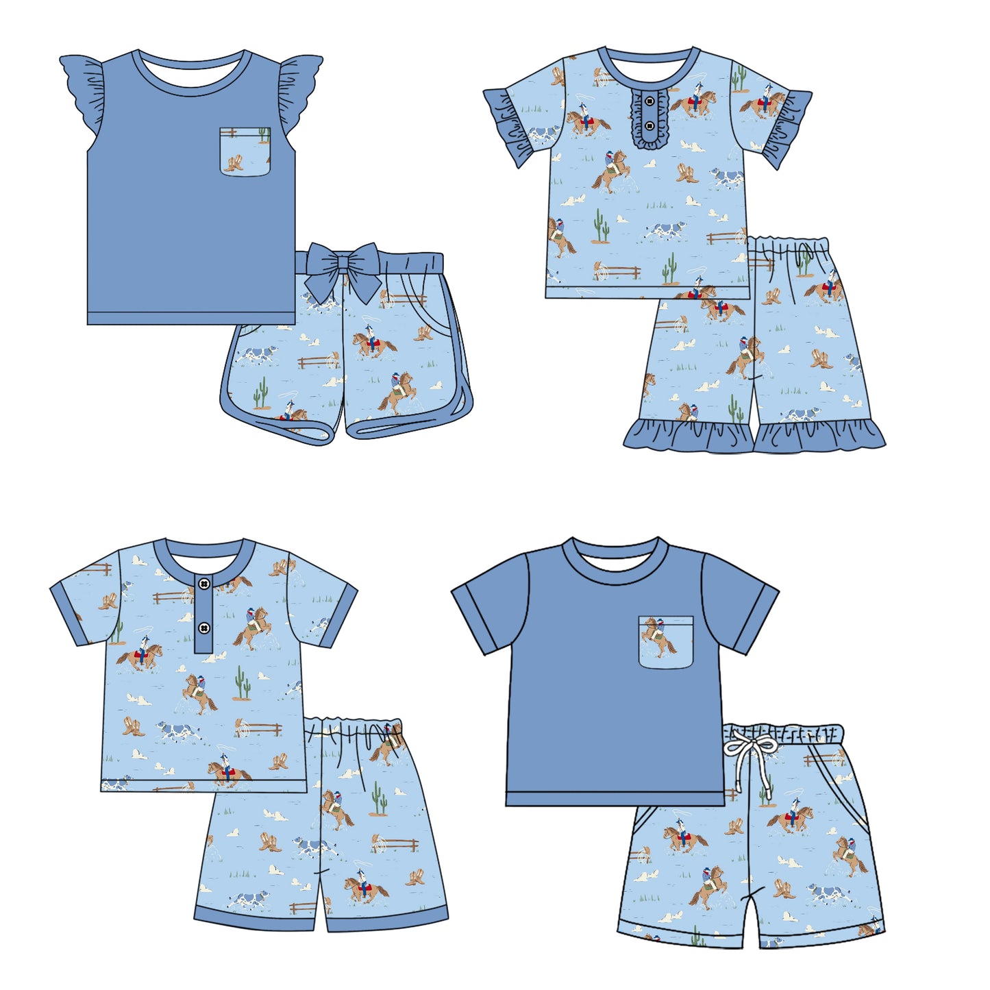 12.17 custom each style moq 5eta 4-6week Sibling Sister riding horse baby boy short sleeve shorts fish sets 1 and easter sets 2 and set 3 match design