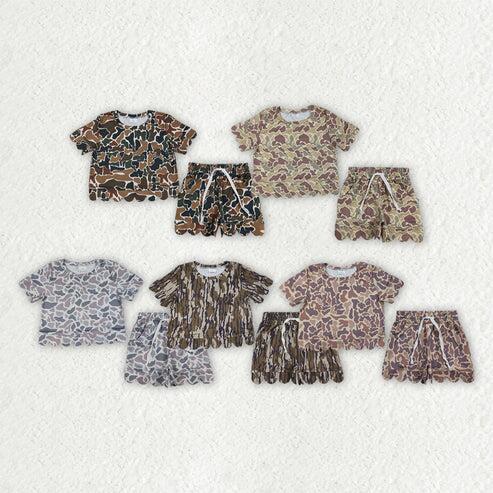 RTS NO MOQ Sibling Baby Girls Camouflage Top with Scallop Shorts Outfit Set