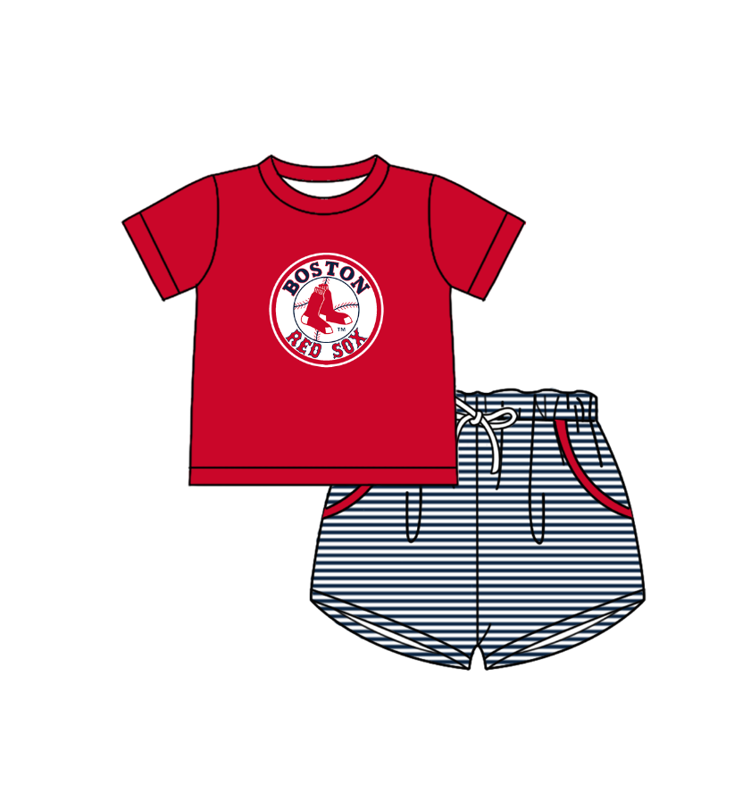Custom moq 5 mix size milk silk summer teams Baby Boys And Girls Red Short-Sleeved Shirt And Shorts Set Matching Striped Rompers Outfit Set