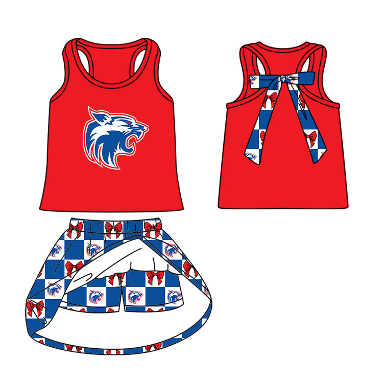 Custom moq 5 mix size milk silk summer teams Blue Checked Bows Baby Girl Sleeveless Red Top Skirt Short Set Dress And Shorts Yoga Outfit Boy's Top Shorts Set Romper