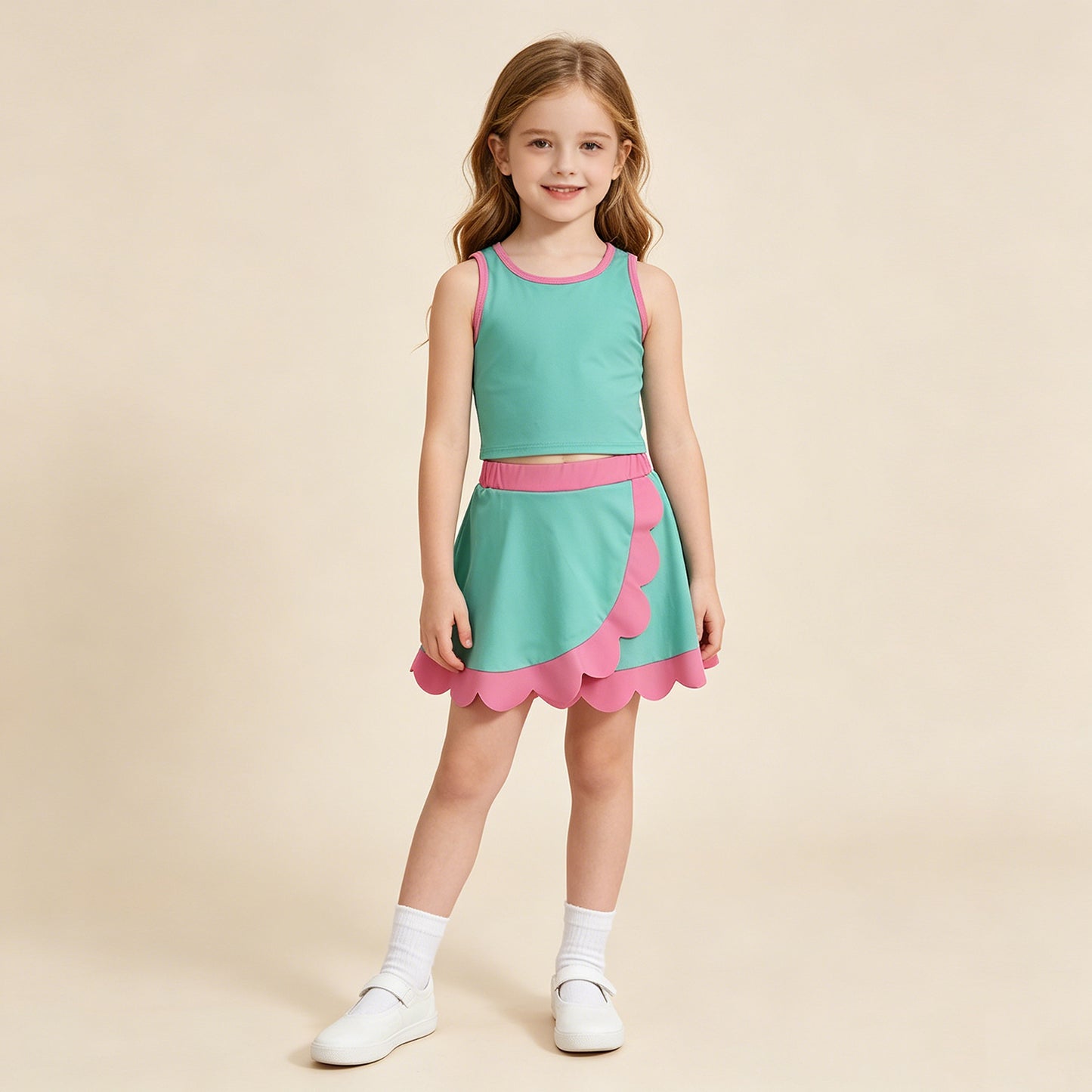 RTS NO MOQ yoga fabric cotton GSD4012 Yoga Baby Girls Cute Sleeveless Light Blue Vest Scallop Skirt Yoga Set