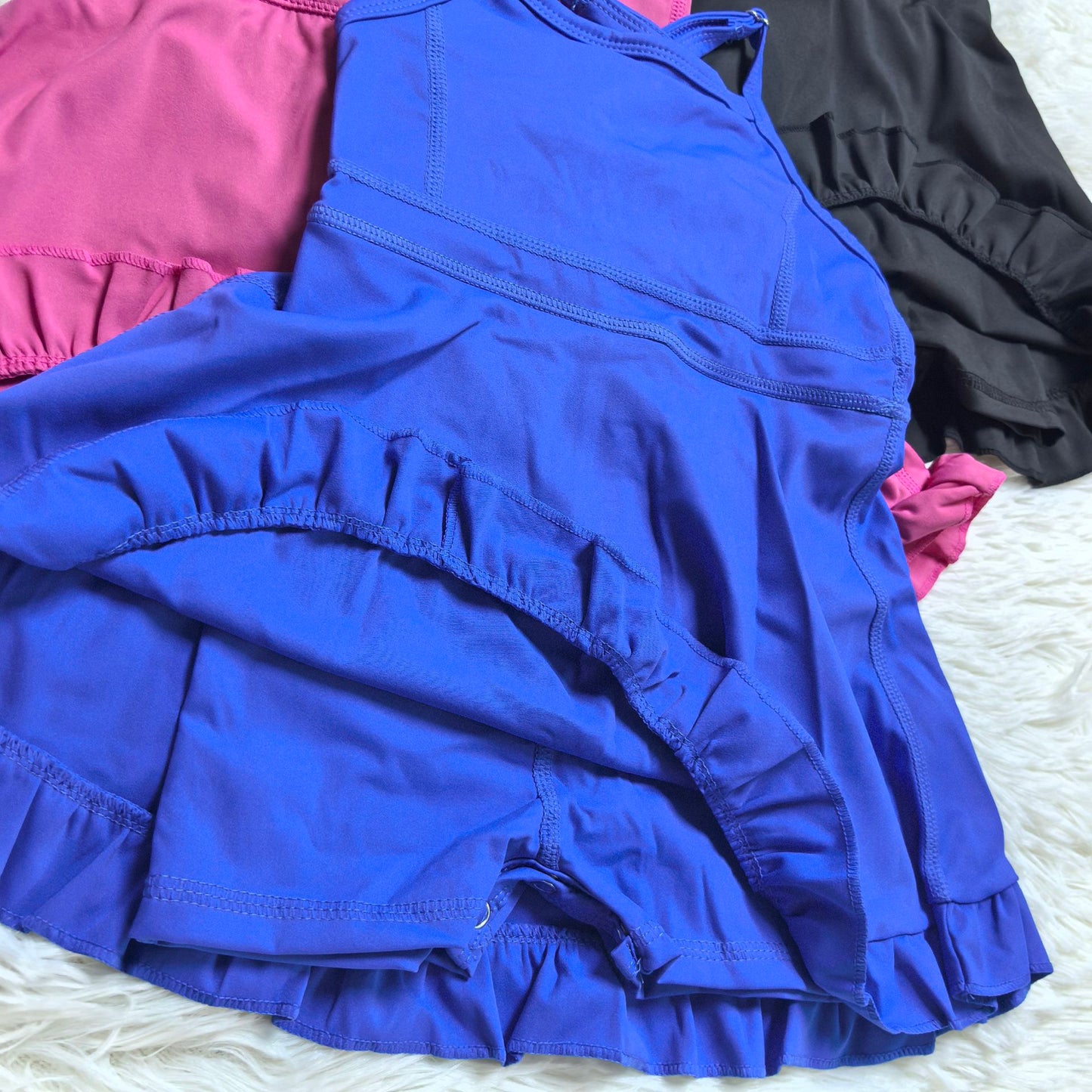 RTS NO MOQ Sibling Baby Girls Summer Solid Color Strap Yoga Shorts Ruffle Knee Length Dresses