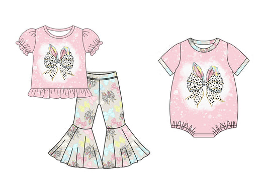 25.10.4 custom each style moq 8 eta 6-8week Sibling Sisters bunny bow baby girl clothes short sleeve pants sets and romper match family design