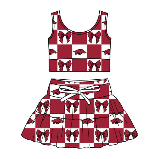 Custom moq 3 or 5 mix size milk silk summer teams baby girl clothes bow dark red sleeveless skirts sets-26.1.17