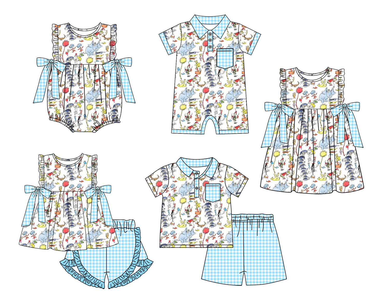 11.29 custom each style moq 5eta 4-6week Sibling Sister dr seuss baby girl short sleeve shorts sets and sets 2 and girls romper and boy romper and dress match design