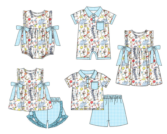 11.29 custom each style moq 5eta 4-6week Sibling Sister dr seuss baby girl short sleeve shorts sets and sets 2 and girls romper and boy romper and dress match design