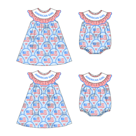 4.22 custom each style moq 5eta 4-6week Sibling Sisters AMERICAN GIRL bow flag baby girl short sleeve dress and rompers match family design