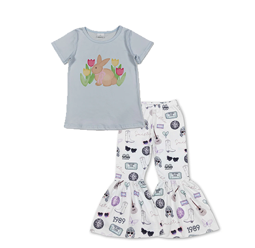 RTS NO MOQ milk silk GT1398+P0415 Baby Girls Baby Blue Short Sleeve Flowers Rabbits Easter T-shirts Top and White Singer Bell Bottom Flare Pants