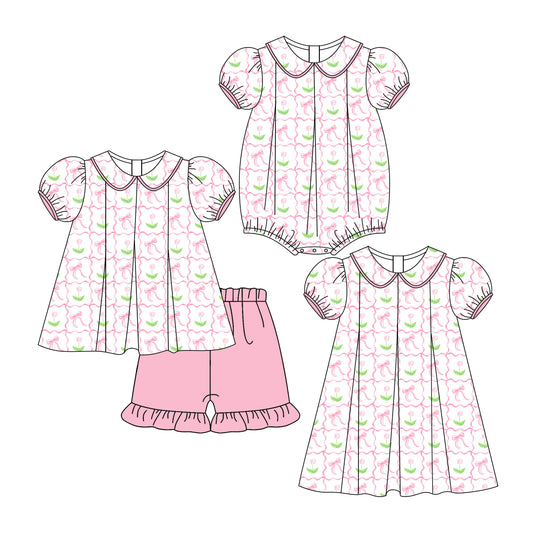 3.6 custom each style moq 5eta 4-6week Sibling Sisters bow floral baby girl short sleeve shorts sets and dress and rompers match family design