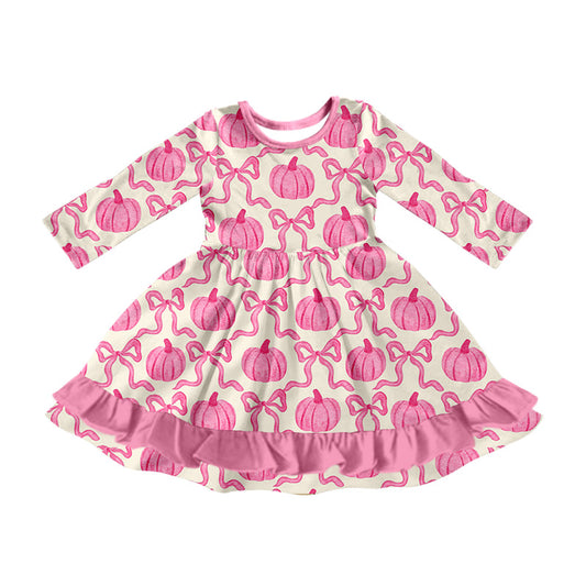 8.3  custom each style moq 5eta 4-6week baby girls clothes pumpkin bow pink long sleeve dress