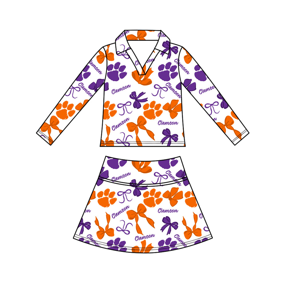 Custom moq 5 mix size summer teams Girls Polka Dot Top Shorts Set Bows Top Skirt Short Set Orange Zipper Pullover Pants Set