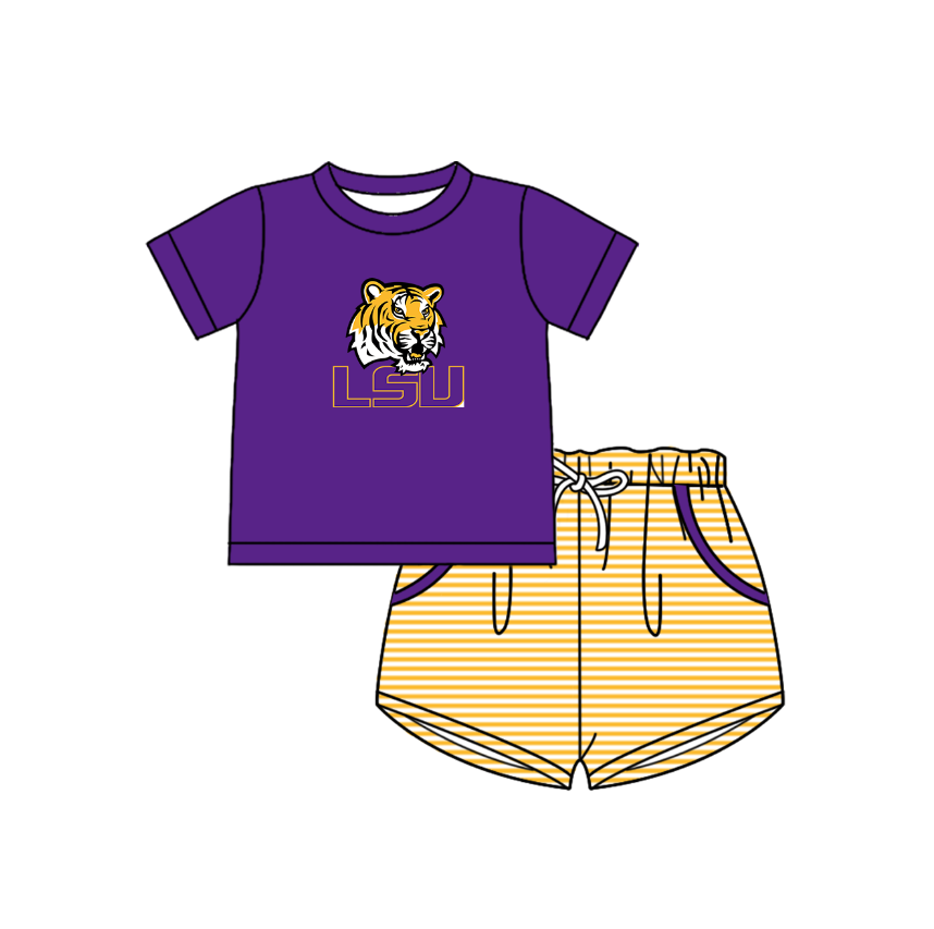 Custom moq 5 mix size milk silk summer teams Baby Boys And Girls Dark purple Short-Sleeved Shirt And Shorts Set Matching Striped Rompers Outfit Set