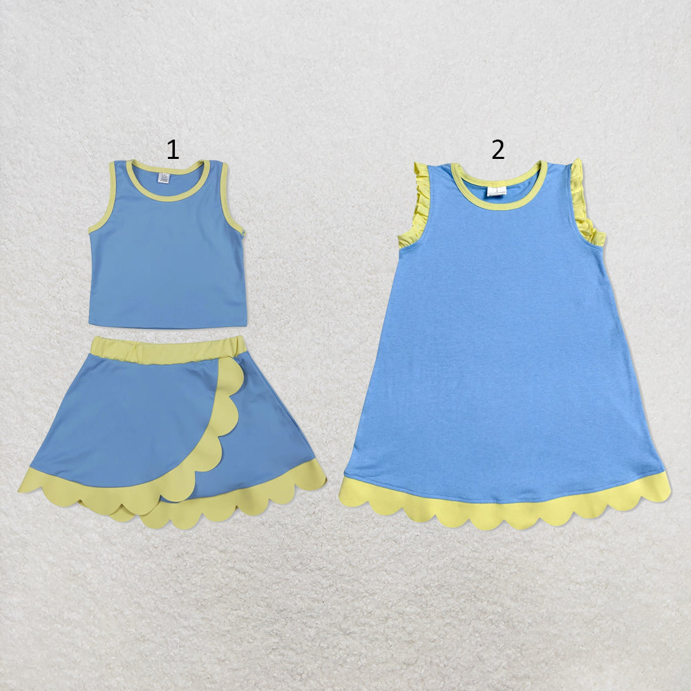 RTS NO MOQ Sibling cotton Baby Girls Blue Yellow Sleeveless Vest And Scallop Hem Short Skirt Yoga Set Scallop Knee Length Dresses
