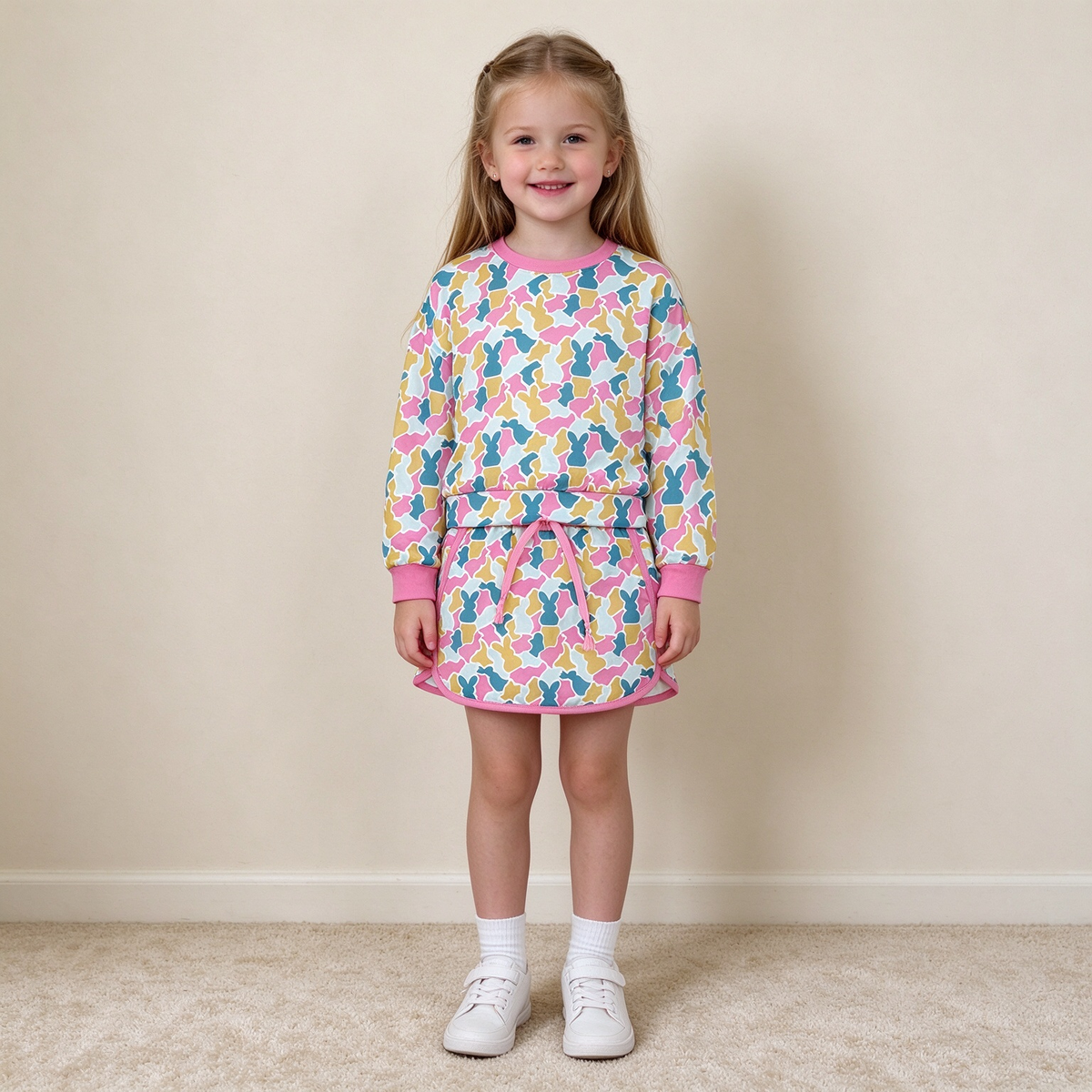 NEW RTS NO MOQ milk silk GLD1825 Baby Girls Cute Easter Bunny Camo Long Sleeve Top Skort Outfit Clothes Set