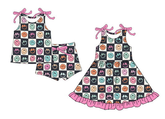 4.11 custom each style moq 5eta 4-6week Sibling Sister smiley baby girl short sleeve shorts sets and dresses match design
