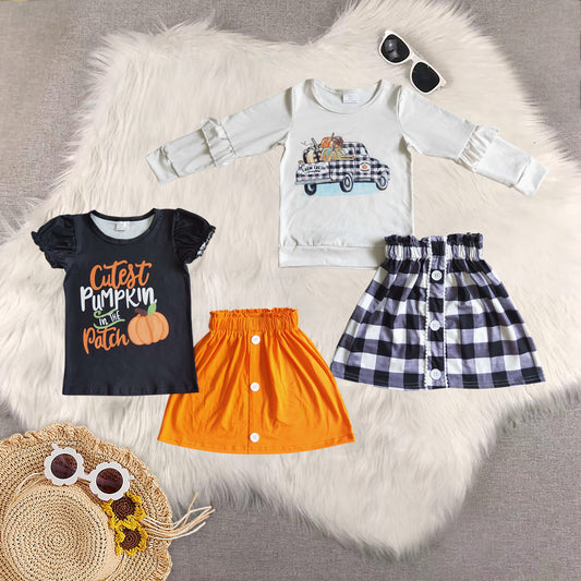 RTS NO MOQ Sibling Baby Girls pumpkin short Sleeve skirts sets and dress