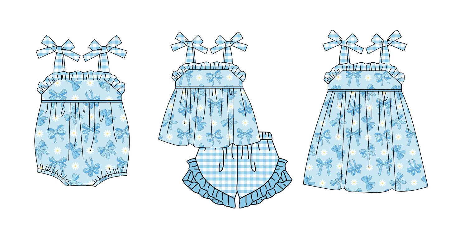 3.20 Custom moq 5 mix size Sibling Baby Girl's Blue Strap Top And Short Set Matching Romper Dress for Summer