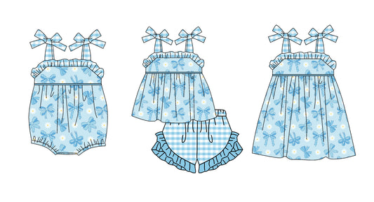 3.20 Custom moq 5 mix size Sibling Baby Girl's Blue Strap Top And Short Set Matching Romper Dress for Summer