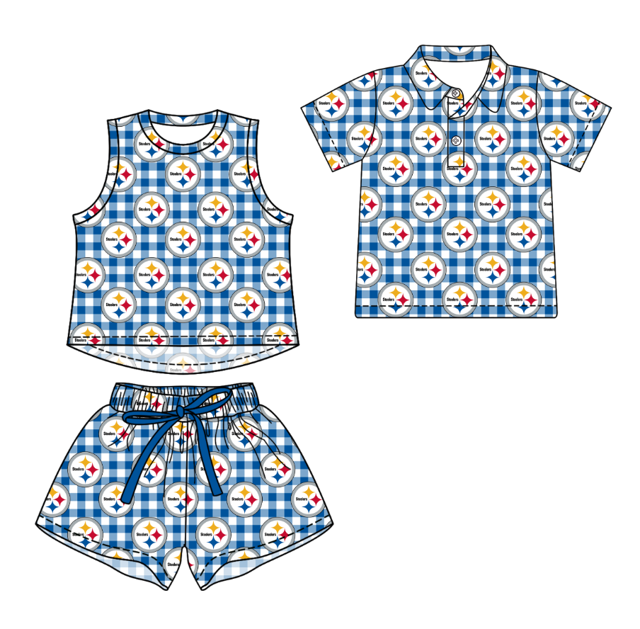 Custom moq 5 mix size milk silk summer teams Girls Blue Checked Top And Short Sets Boys Short Sleeve Button Polo Shirt Top