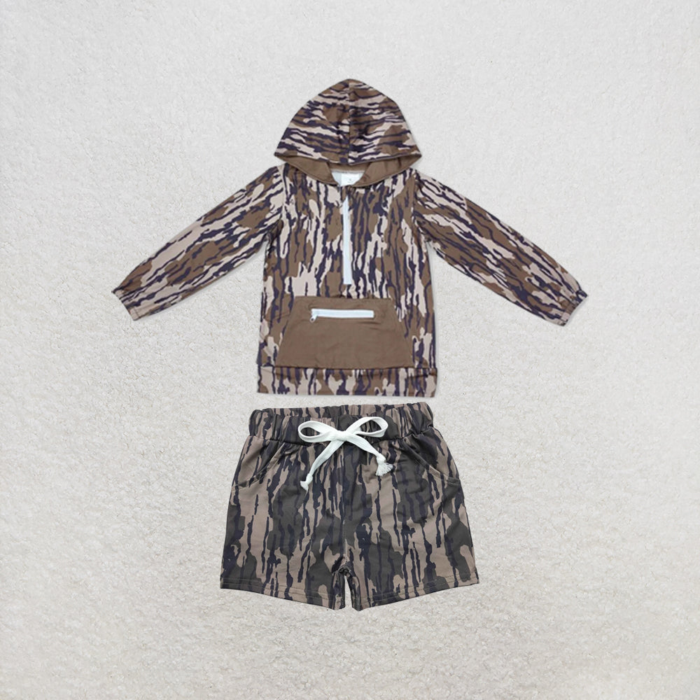 RTS NO MOQ Sibling milk silk Baby Boys Camo Hoodie Top Pocket Shorts Casual Outfit