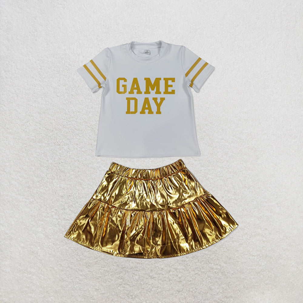 RTS NO MOQ Sibling yoga fabric Baby Girls Vinyl Yellow Game Day Print Top Matching Shorts Two Piece Team Active Clothes Set