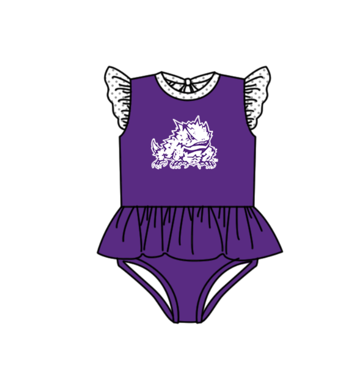 Custom moq 5 mix size milk silk summer teams baby girl boys clothes Purple Two-Piece Swimsuit Set One Piece Swimsuits boy swim trunks