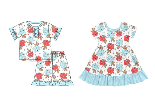 3.31 custom each style moq 5eta 4-6week Sibling Sister floral baby girl short sleeve shorts sets and dresses match design