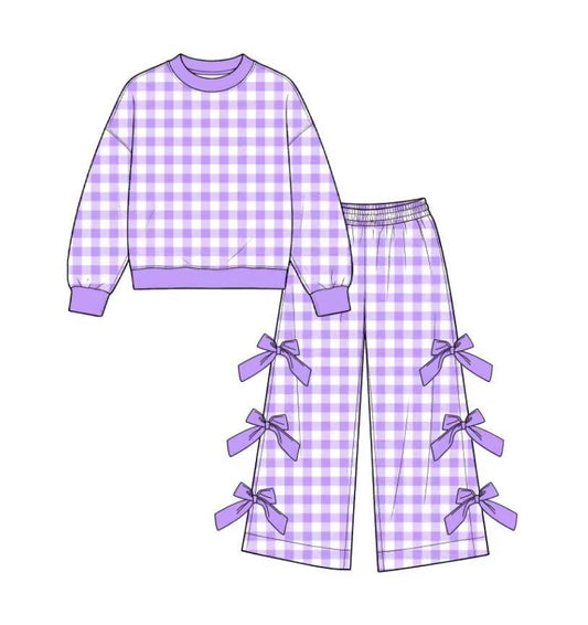 custom moq 5 mix size Toddler Girls Purple Gingham Long Sleeve Top And Bow Wide Leg Pants Outfit Set
