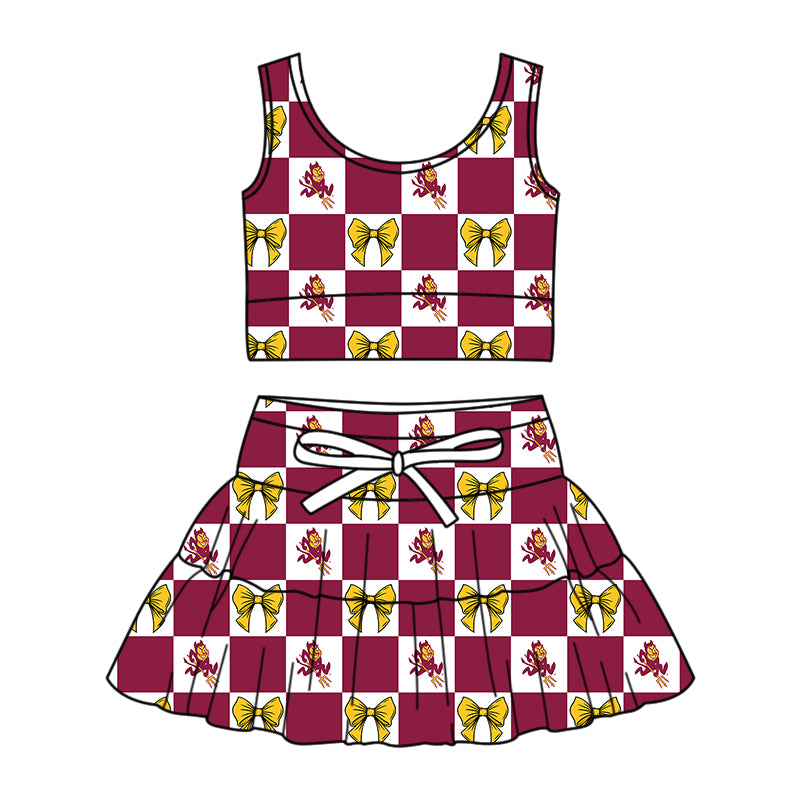 Custom moq 5 mix size Milk Silk Summer Girls' Set Bow Print Plaid Sleeveless Skirt 3-Piece Set Includes Dress and Shorts-26.1.27