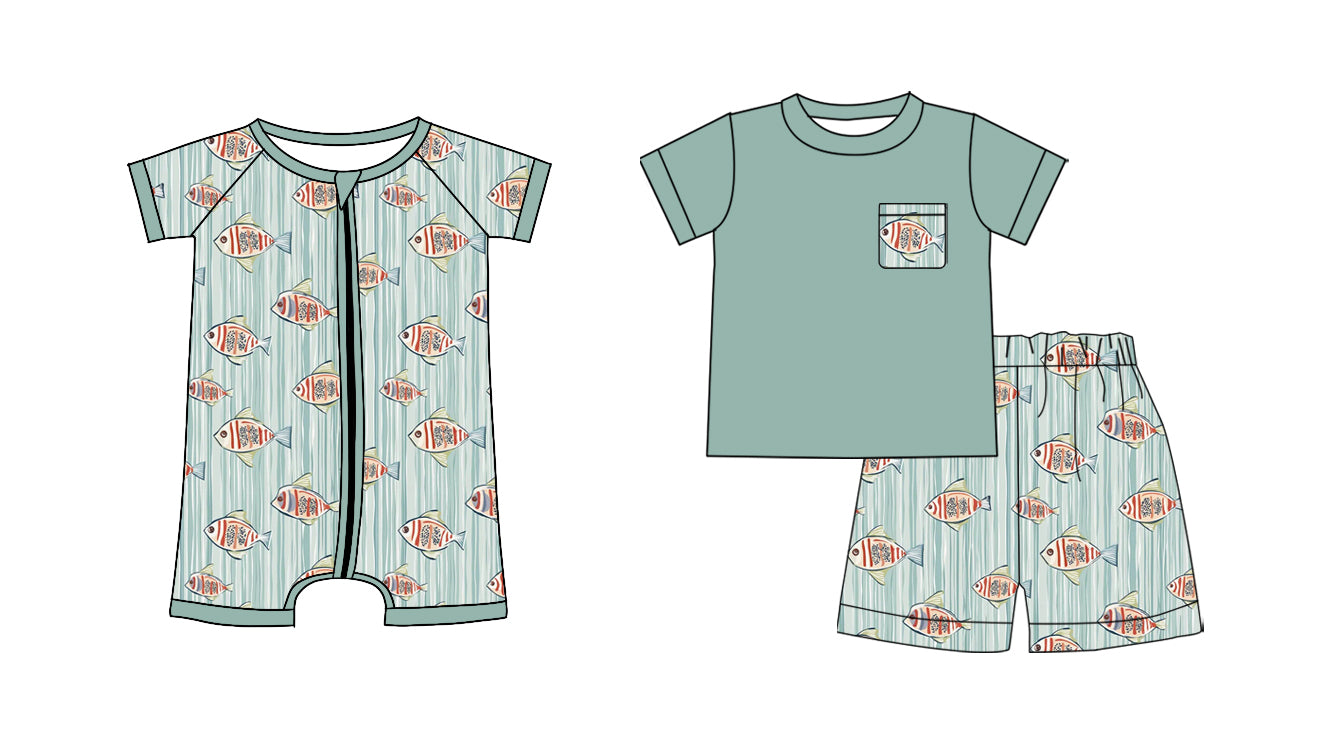 Custom moq 5 mix size Sibling Green Baby Boys Short Sleeved Zippered Romper Short-Sleeved Top And Shorts Set for Infants