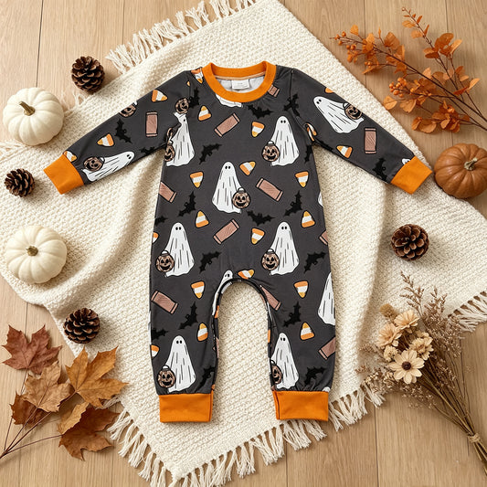 NEW RTS NO MOQ milk silk LR3241 Baby Boys Ghosts Pumpkins Halloween Long Sleeve Fall Romper