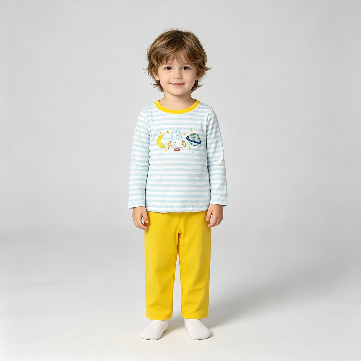 NEW RTS NO MOQ milk silk BLP1455 mbroidery Moon Baby Boys Long Sleeve Blue Stripe Top Pant Clothes Sets