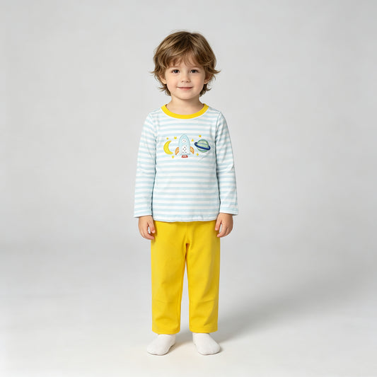 NEW RTS NO MOQ milk silk BLP1455 mbroidery Moon Baby Boys Long Sleeve Blue Stripe Top Pant Clothes Sets