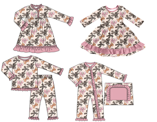 25.7.11 custom each style moq 5 eta 4-6week Sibling Sisters bow baby girl long sleeve pants sets and romper and dress 1 and dress 2 match family design