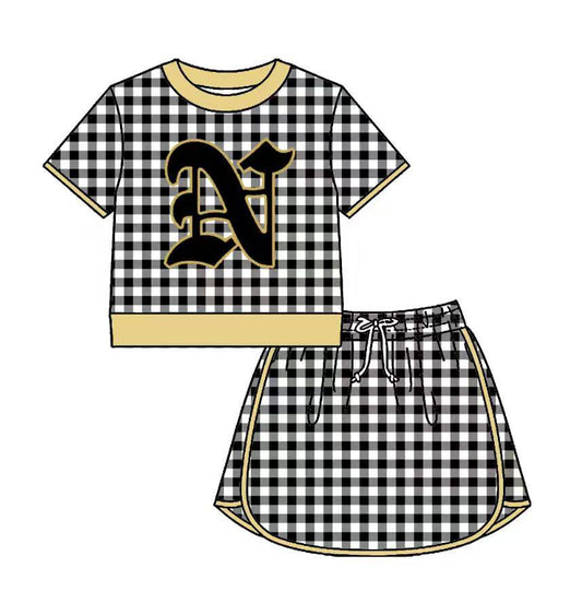 Custom moq 5 mix size milk silk summer teams Baby Girls Black Plaid Short Sleeve Top Skirt Two Piece Set